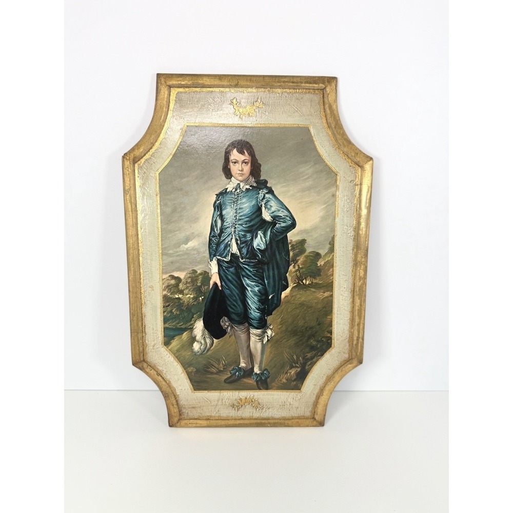 VTG Florentine Wall Plaque with Print of  Blue Boy Reproduction‎ Florence Italy